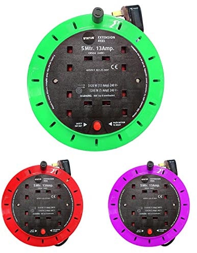 4 Socket Extension Lead Reel, 5m,13A, 240V, Large Power Strip Extension Cords with Safety Cut Out Switch,Heavy- Duty Electrical Cable Cassette Reel - Assorted Color