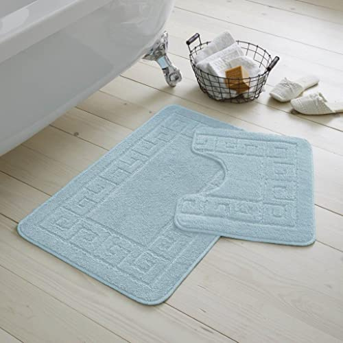 Artistic Fashionista Limited 2 Pieces GREEK Bath Mat Rugs for Bathroom - Non Slip Anti Mould Bath Mat Set - Soft - Extra Water Absorbent Pedestal Ultra Plush Bathroom Mats Toilet Shower Set (Aqua)