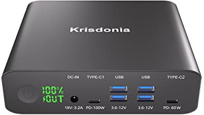 Krisdonia Power Bank, 100W PD 32000mAh Powerbank, Caricatore Portatile con 2 USB-C (100W e 65W) e 4 USB-A (18W), Compatible con Macbook, iPad, iPhone, AirPods Pro