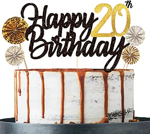 Tortendeko 20 Schwarzes Gold set Doppelseitiges Glitzerpapier Happy Birthday Cake Topper für Geburtstag Deko 20