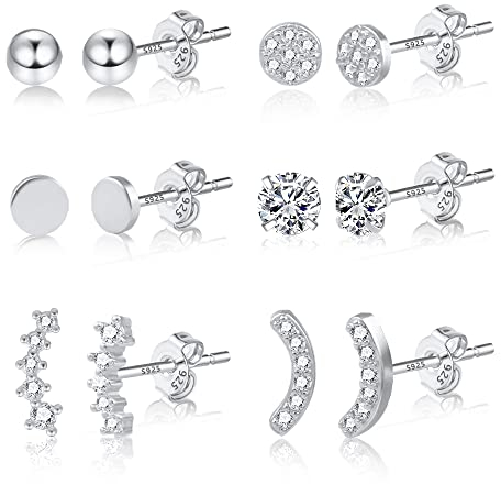 6 paires de boucles d'oreilles clous - or blanc 925 zircone 4 mm quatre griffes, clous pois et une paire de galettes rondes