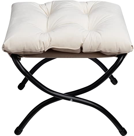 HollyHOME Fußhocker Klappbar Fußablage Fußstütze Faltbar Sitzhocker mit Metallbeinen Fusshocker mit Abnehmbar Gepolsterte Sitzfläche Samt, Beige