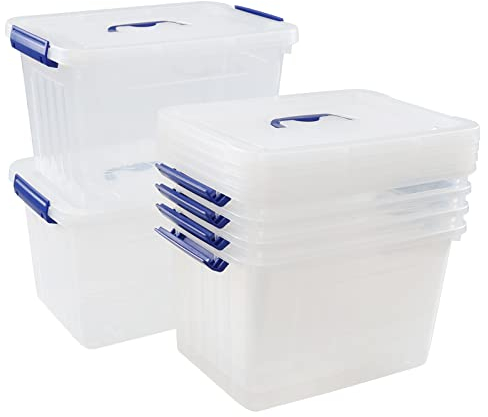 Xowine 6-Pack 10 L Clear Plastic Storage Boxes Latching Storage Box with Blue Handle