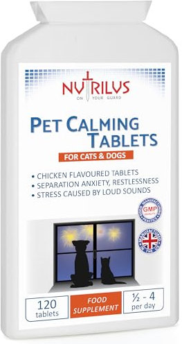 Nutrilus Calming Tablets for Dogs And Cats - 120 Tablets Chicken Flavour for Pets - Separation - Restlessness - Loud Sounds - Stress - Anxiety - Travel