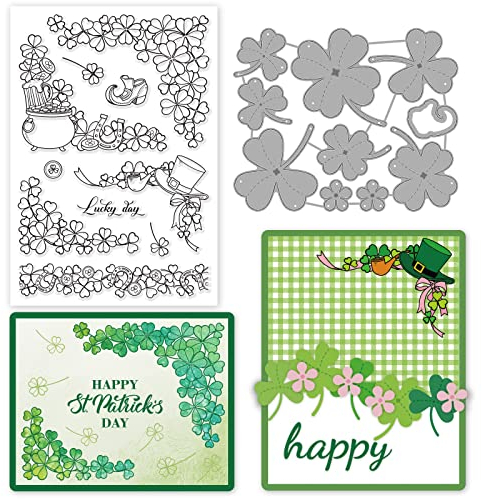 ORIGACH Saint Patrick's Day Vierblättriges Kleeblatt Stanzschablonen und Stempelset Für Die Kartenherstellung Kleeblatt-Eckstanzformen Und Stempel-Set Für DIY Scrapbooking-Album Dekorative