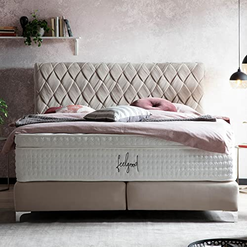 Boxspringbett Lyon 180x200 Velours, ohne Topper, Hand geflochten, Hotelbett, ohne Bettkasten, 7 Zonen Taschenfederkern-Matratzen, Aufbau KOSTENLOS (Creme, 180x200 cm ohne Topper)