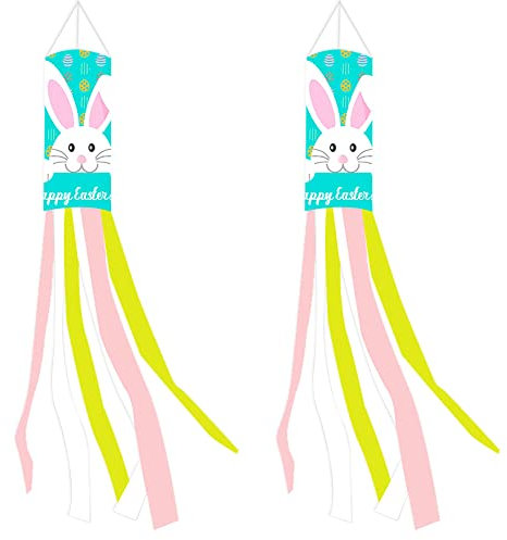 Geluode Osterhasen-Windsack-Flagge, 2 Stück Happy Easter Ei Kaninchen Grün Outdoor Frühling Windsack Hängende Dekoration Urlaub Windsocken für Garten Terrasse Rasen Vorhof Baum Party Dekor, 100 cm