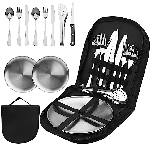 Gukasxi 10pcs Stainless Steel Camping Cutlery Set with Case, Portable Outdoor Hiking Picnic Travel Cutlery Set for 2 People
