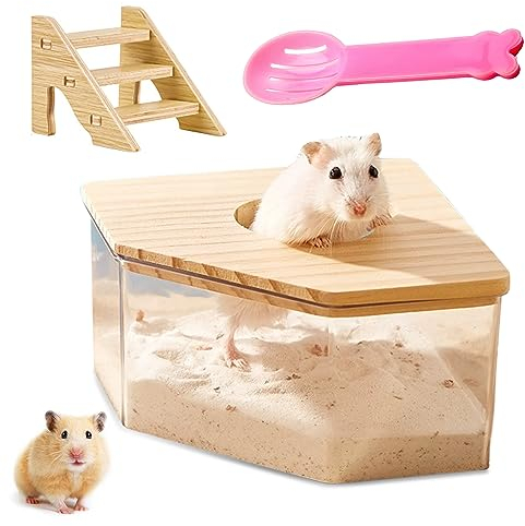 Nizirioo Salle de bain en acrylique transparent pour hamster hamster boîte de bain de sable avec échelle et couvercle en bois naturel et pelle pour hamster animal de compagnie hamster salle de bain