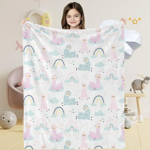 Lama Alpaka Babydecke für Mädchen, Weich Flauschig Hellblau Lama Narwal Flanell Decke für Neugeboren, Lama Regenbögen Baby Kuscheldecke Wohndecke für Kleinkind Kinder Geschenk Couch Sofa, 76 x 100 cm