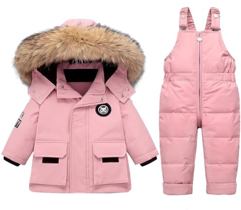 Acuryx Tuta da Neve 2 Pezzi da Bambini Ragazzi Capppotto in Piuma con Cappuccio Pellicia + Salopette da Neve Bambina Giacca Invernale Impermeabile Rosa 100