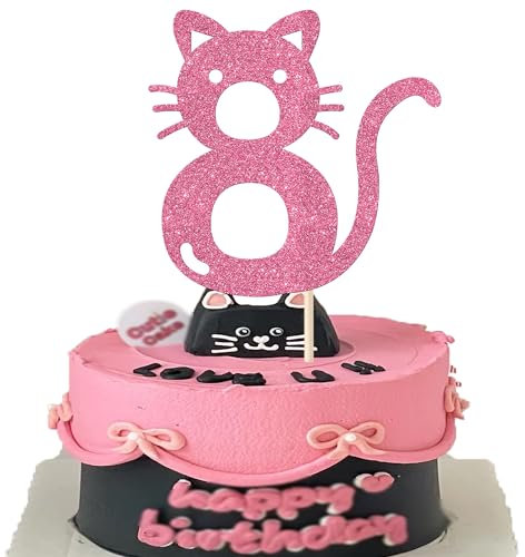 1 Stück Katze 8th Tortendeko Acht Geburtstag Kuchen Deko Glitzer Niedliches Kätzchen Cake Topper für Katze Thema Baby Dusche Kinder 8 Jahre alt Geburtstag Hochzeit Party Kuchen Dekorationen Rosa