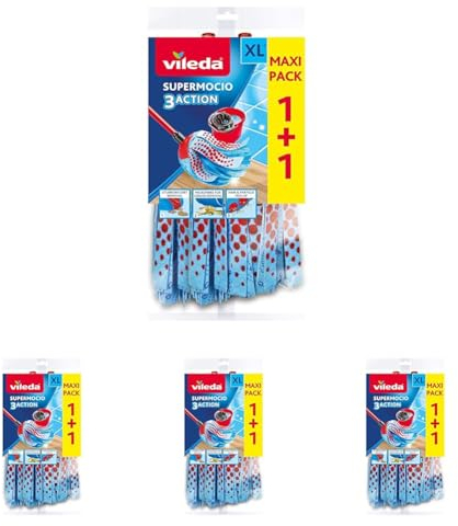 Vileda SuperLavapavimenti 3 Action XL Fiocco Ricambio, Tripla Azione Pulente, Microfibra/Poliestere, 39x40x30 cm, 2 unità (Confezione da 4)