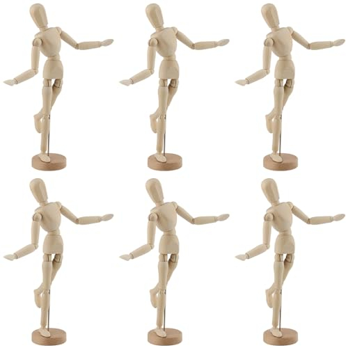 YUENPUN 6 Stück 14 cm bewegliche Holzpuppe zum Zeichnen, Schaufensterpuppe mit Sockel, bewegliche Holzfigur, menschliches Modell für Dekoration, Malerei, Geschenk