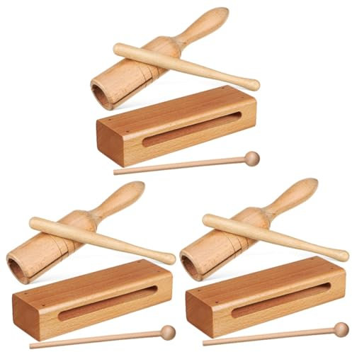 Abaodam 6 Sätze Orff-Instrument Holzblock mit Schläger Musikrhythmusblöcke klingelschild Schlaginstrument Perkussionsblöcke aus Holz Haupt Musikinstrument Eierbecher Glockenspiel hölzern
