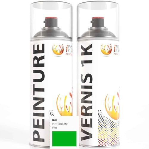 ipixline Kit Retouche Peinture Carrosserie Voiture - Bombe Aérosol Peinture 400 ml, Vernis Brillant 1k 400 ml - Compatible avec Ral - Vert Brillant 6038