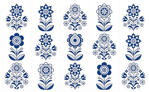 Ulticool – Sticker Wasserdicht Aufkleber Fliesen - Folklore Blumen Blau Weiß - 15x15 cm - 15 Stück Selbstklebende Fliesenaufkleber aus Folie - Aufkantung für Wand - Küchenwand - Sticky Tiles