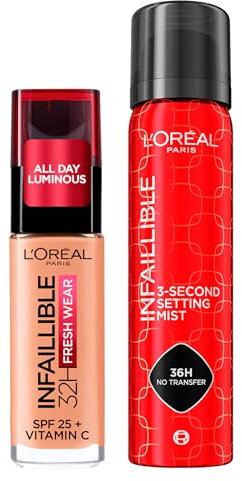 L'Oréal Paris Infaillible flüssiges Make-up 32H Fresh Wear SPF 25 Waterproof mit Vitamin C Farbe 220 Sable Sand + Fixierspray 3-Second Setting Mist für Gesichts-Make-up ohne Transfer 75 ml – 2