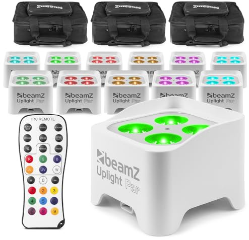 BeamZ BBP90W Wireless Battery Operated LED Par Uplighters (x12) with Soft Cases and Remote Control - 4X 4W RGB-UV, White