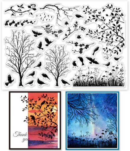 GLOBLELAND Transparente Stempel Mit Vogelzweig Silhouette Vögel Bäume Transparente Gummistempel Silikonstempel Für DIY Scrapbooking Fotoalbum Dekorative Karten 6.3x4.3 Zoll