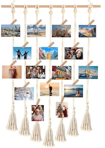 Wowlela Macrame Photo Display with 30 Clips - Boho Wall Decor Tapestry Picture Organizer for Home, Office