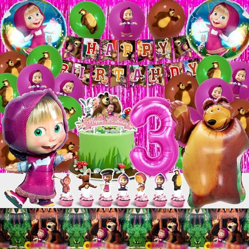 Masha Compleanno 3 Anni - 51 Pezzi Decorazioni, Palloncini, Kit Festa Bambina - Tema Masha