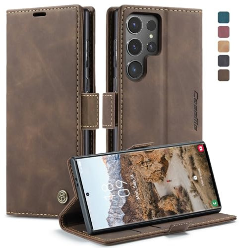 owlhold Handyhülle für Samsung Galaxy S24 Ultra 5G Hülle, Premium Lederhülle Weiches Vintage-Nubukleder Faltbare Ständer Klapphülle Kartenfach Standfunktion stoßfest Schutzhülle -Kaffee