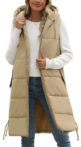 Tuopuda Gilet Donna Lungo, Smanicato Piumino Invernale con Cappuccio, Cappotto Senza Maniche Termico Giubbotto Imbottito Giacca Trapuntato con Cerniera e Tasche, Cachi, L