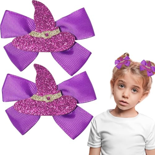 HIFANMM Witch Hat Bow Hair Clips for Girls Halloween Hair Accessories Cute Cartoon 3D Witch Hat Purple Hairpins Litter Girls Alligator Hair Barrettes for Halloween Party Cosplay Supplies Decor 2Pcs