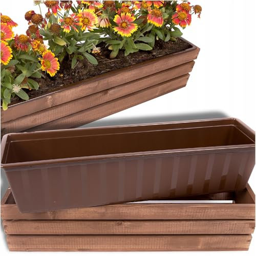 ECODECO Deko Holzkiste für Blumen | Kiste Holz 18x60x15 cm | Holzbox mit Plastic Insert | Blumentopf für Balkon Terrasse oder Garten | Braun Blumenkasten