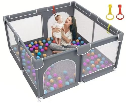 Laufstall Baby, Laufgitter Baby für Babys von 6 Monaten bis 6 Jahren, 300D Oxford Gewebe Playpen Baby mit Anti-Kollision Schaum Absperrgitter mit Atmungsaktivem Netz,Grau,150x180cm