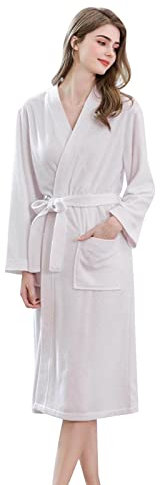 Bademantel Damen Frottee Ohne Kapuze, Hausmantel Damen Lang Baumwolle, Morgenmantel Langarm Saunamantel Elegant Frotteemantel Mit Taschen Winterpyjamas Mit Gürtel Wärmemantel Winter Loungewear