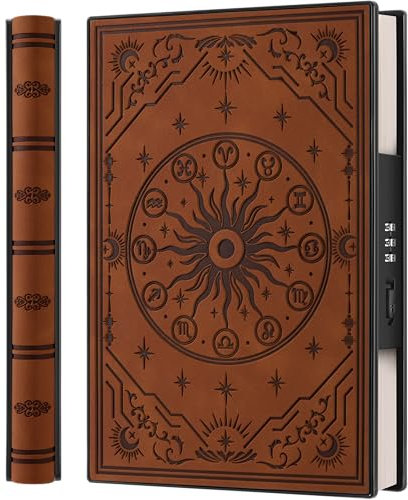 A5 Tagebuch mit Zahlenschloss und 180° Liegeflach, aus weichem PU-Leder mit geprägtem Sternzeichen-Design – Ideal für Erwachsene, Frauen, Männer und Teenager, für mehr Privatsphäre – Braun