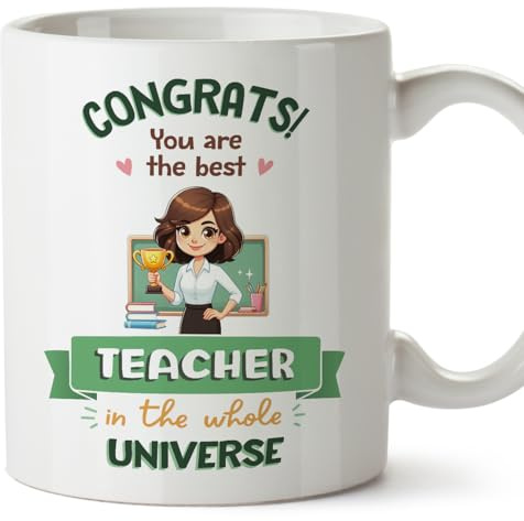 MUGFFINS Teacher Woman Mug - in English - Best in Universe Trophy - Funny Gift for Colleagues - Ceramic 11oz Mug