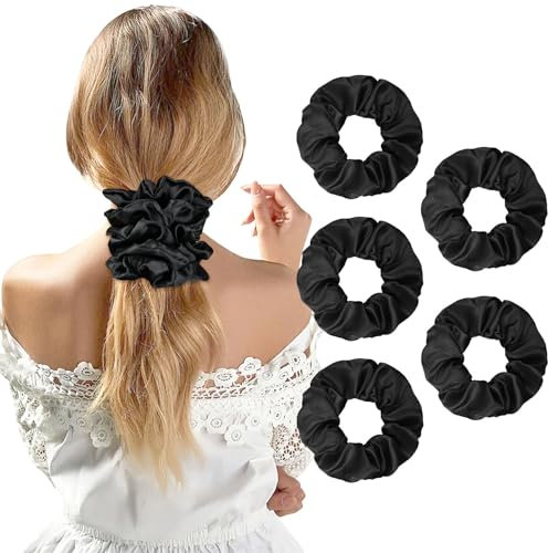 LOPHE Satin Hair Scrunchies Damen, 5er Satin Haargummis Weich Haarschmuck, Elastische Silk Pferdeschwanzhalter Haarbänder ohne Abdrücke Geschenk für Mädchen, Frauen(Schwarz)