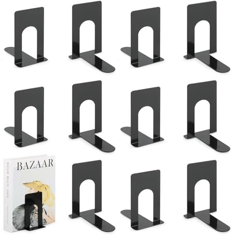 TOSAVGA 6 Paia(12 pezzi) di Fermalibri, Fermalibri per Mensole, Ferma Libri per Libreria, Reggilibri in Metallo, Ferma Libri Nero, Fermalibri per Scuola, Ufficio, Biblioteca