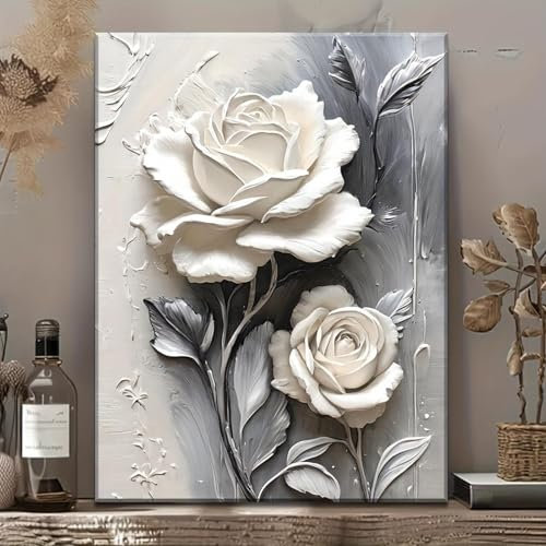 Moderna tela con rose bianche, decorazione da parete floreale moderna, dipinto astratto con fiori in bianco e nero per soggiorno, camera da letto, ufficio, 80x120 cm (31x47 in) senza cornice