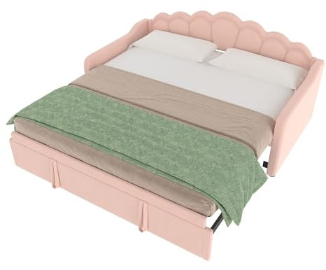 SogesPower Samt Tagesbett 90x200 cm mit Wellendesign und Farblicht Schlafsofa als Doppelbett, 3-Fach verstellbar mit LED-Streifen minimalistisch, Rosa ohne Matratze
