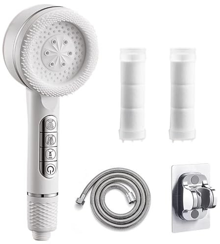 Filter Shower Head, Shower Head and Hose Set 1.5M, High Pressure Shower Heads with Pause Switch, 4 Spray Jet Modes, for Adults Children Pets (Elegant White)