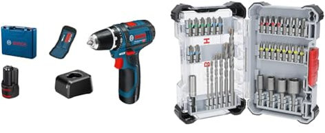 Bosch Professional 12V System Akkuschrauber GSR 12V-15 (inkl. 2x2.0Ah Akku, Ladegerät GAL 12V-20) + 35x Extra Hard Schrauberbit‑ und CYL-3 Bohrer-Set, 35‑TLG. (197 x 110,5 mm, Zubehör)