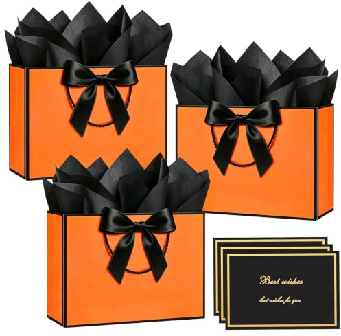 3 Stück mittelgroße Geschenktaschen für Geschenke 20 x 10 x 28 cm, Mittelgroße orangefarbene Geschenktasche mit Griff, 6 Blatt Seidenpapier und 3 Karten, Schleifenband Geburtstagspartytaschen