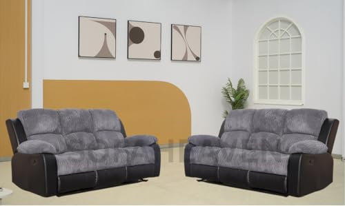 Rio Recliner Black/Grey Jumbo Cord Fabric 3+2+1 Seater Sofa Set - For Living Room Furniture - Manual Recliner Sofa with Dropdown Table & Cupholders (3+3)