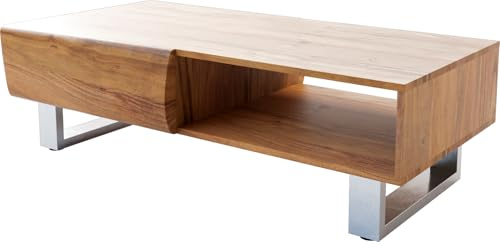 Wohnzimmertisch New Live-Edge Akazie Natur 115x60 cm 2 Schubladen 1 Fach | Kufe Edelstahl gebürstet Couchtisch
