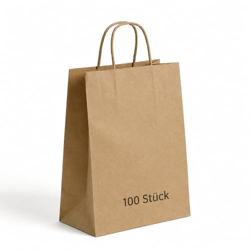 Commerline Papiertüten mit Henkel 22+10x28 cm, Papiertragetaschen, Tüten | 100 Stück, Braun, gedrehter Papierkordelgriff, Papiertaschen aus Kraftpapier für Einkauf, Einzelhandel & Gastronomie