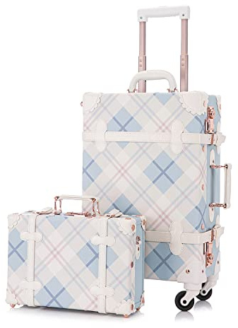 Unitravel Vintage Koffer Set 2 Teilig, Retro PU-Leder Handgepäck Koffer mit Kosmetikkoffer, Blau Kariert, S+M