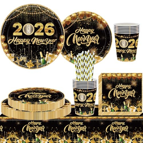 101 Stück 2026 Silvester Partygeschirr Set,2026 Happy New Year Partygeschirr Schwarz Gold Neujahr 2026 Partygeschirr Dekoration Pappteller Servietten Tischdecken Tassen Partyzubehör (Neujahr)