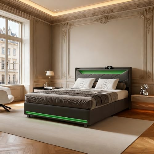 Lodera Polsterbett 140x200, Boxspringbett mit hydraulischem Stauraum, LED-Kopfteil mit Fernbedienung, inklusive Lattenrost, Graues Stoffpolster mit Metallgestell, Ohne Matratze