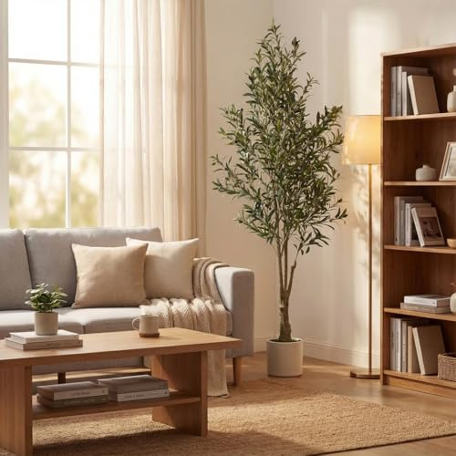 Semaho Faux Olive Tree, 210cm Artificial Olive Trees with Lifelike Olive Branches and Fruits, Fake Floor Plants with Pot for Indoor Home Office Living Room Outdoor Decor 7FT