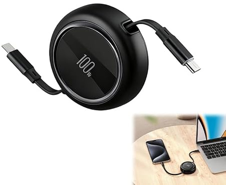 Wvxilyr 1 Metro Cable USB-C Retráctil 100W PD 5A QC 4.0, Enrollable Tipo C Cable, Cargador Retractil USB C, Longitud Ajustable Carga Rápida Tipo C a USB-C, Mini Tamaño para Viajes, 15, Galaxy