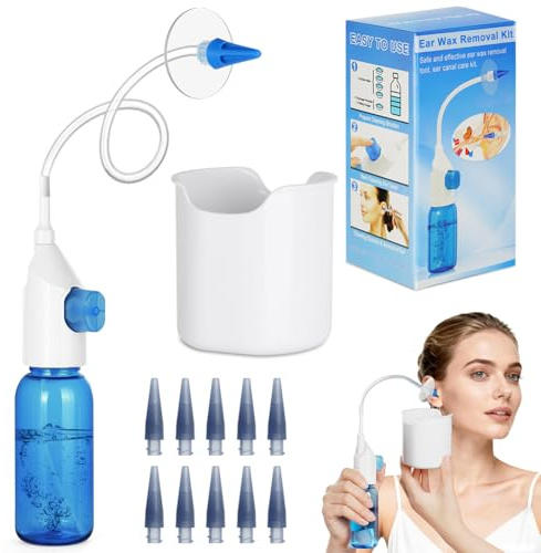Fefod Kit Limpiador de Oídos, Sistema de Riego Oídos con Boquilla y Lavabo para Atrapar los Oídos, Bomba Limpia Oídos para Eliminación de Cera para Oídos para limpieza Profunda Adultos y Niños